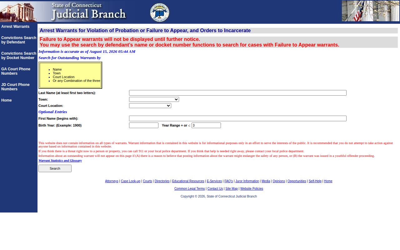 Connecticut Judicial Hartford County active warrant and violation of probation search interface