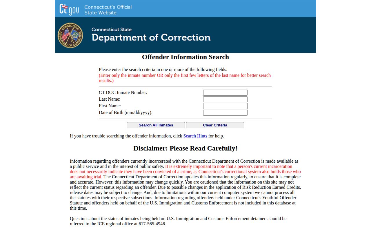 Hartford County Connecticut DOC custody record search
