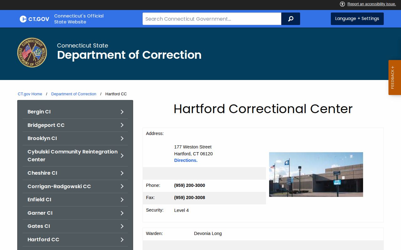 Hartford Correctional Center pretrial custody record information