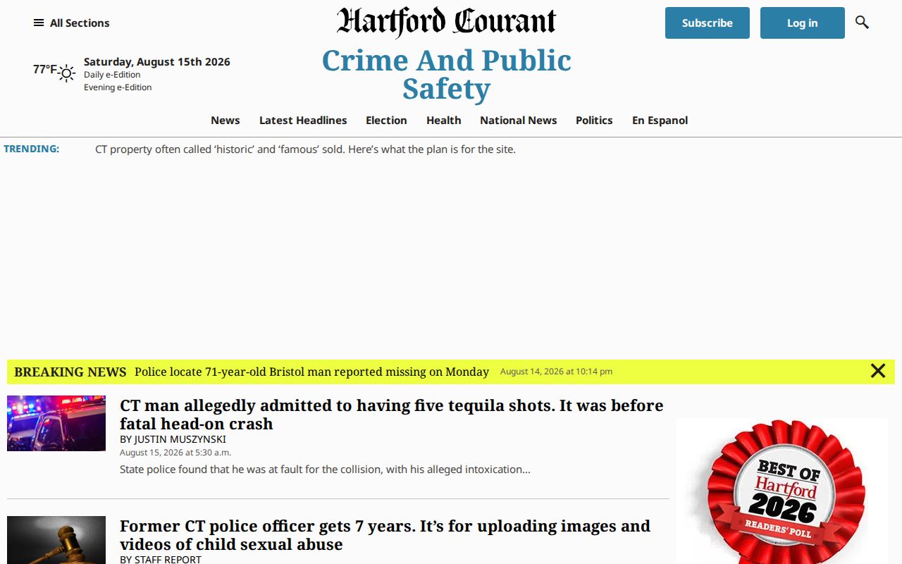 Hartford County crime news and public safety section at the Hartford Courant
