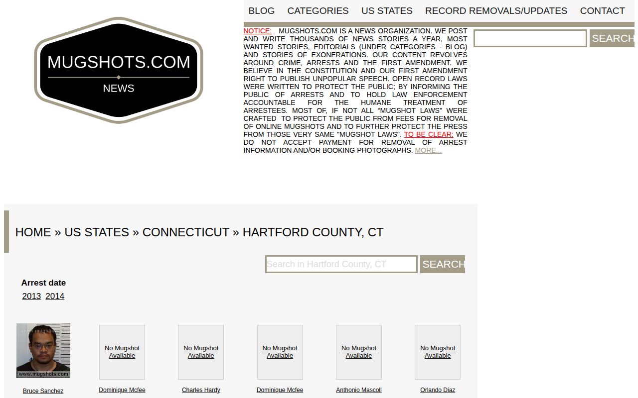 Apparently stale unofficial Mugshots.com Hartford County record taxonomy