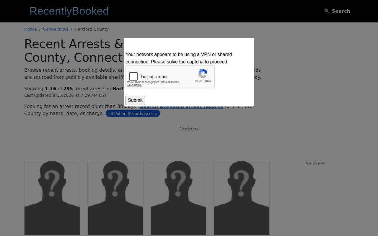 Unofficial Hartford County arrest listing with booking photo placeholders